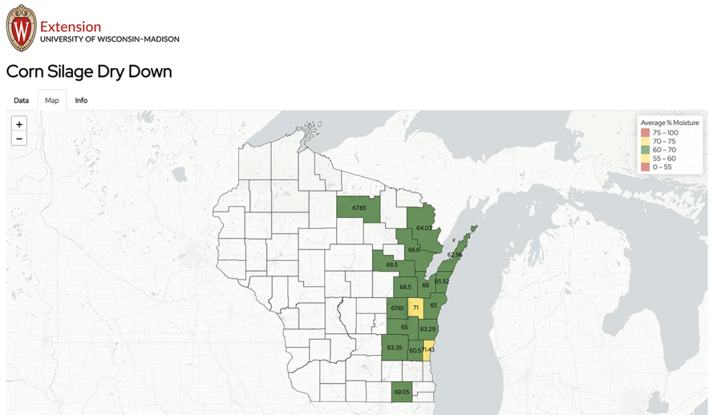 UW-Madison Extension corn silage dry down map showing moisture percentages across Wisconsin counties